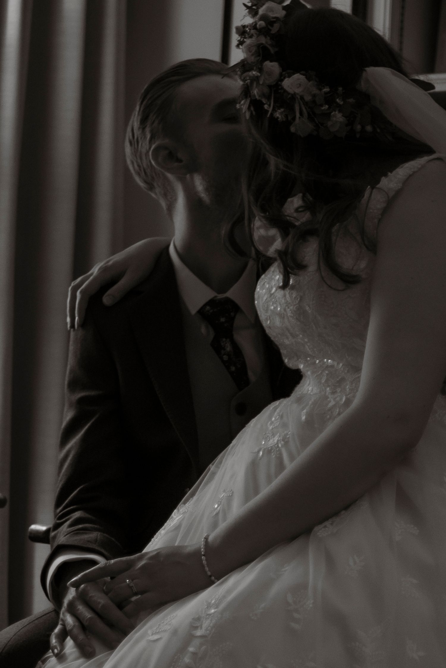 Intimate and emotional portrait of a bride and groom kissing. Yorkshire wedding photographer