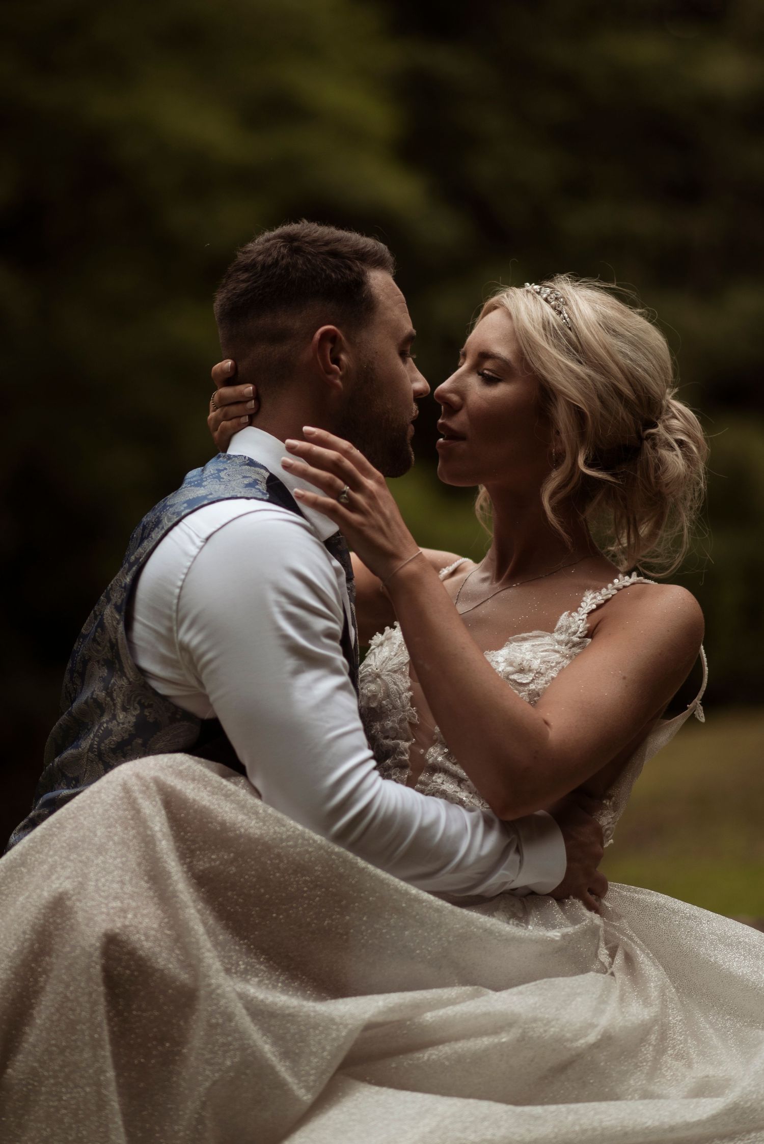 Intimate and emotional portrait of a bride and groom kissing. Yorkshire wedding photographer