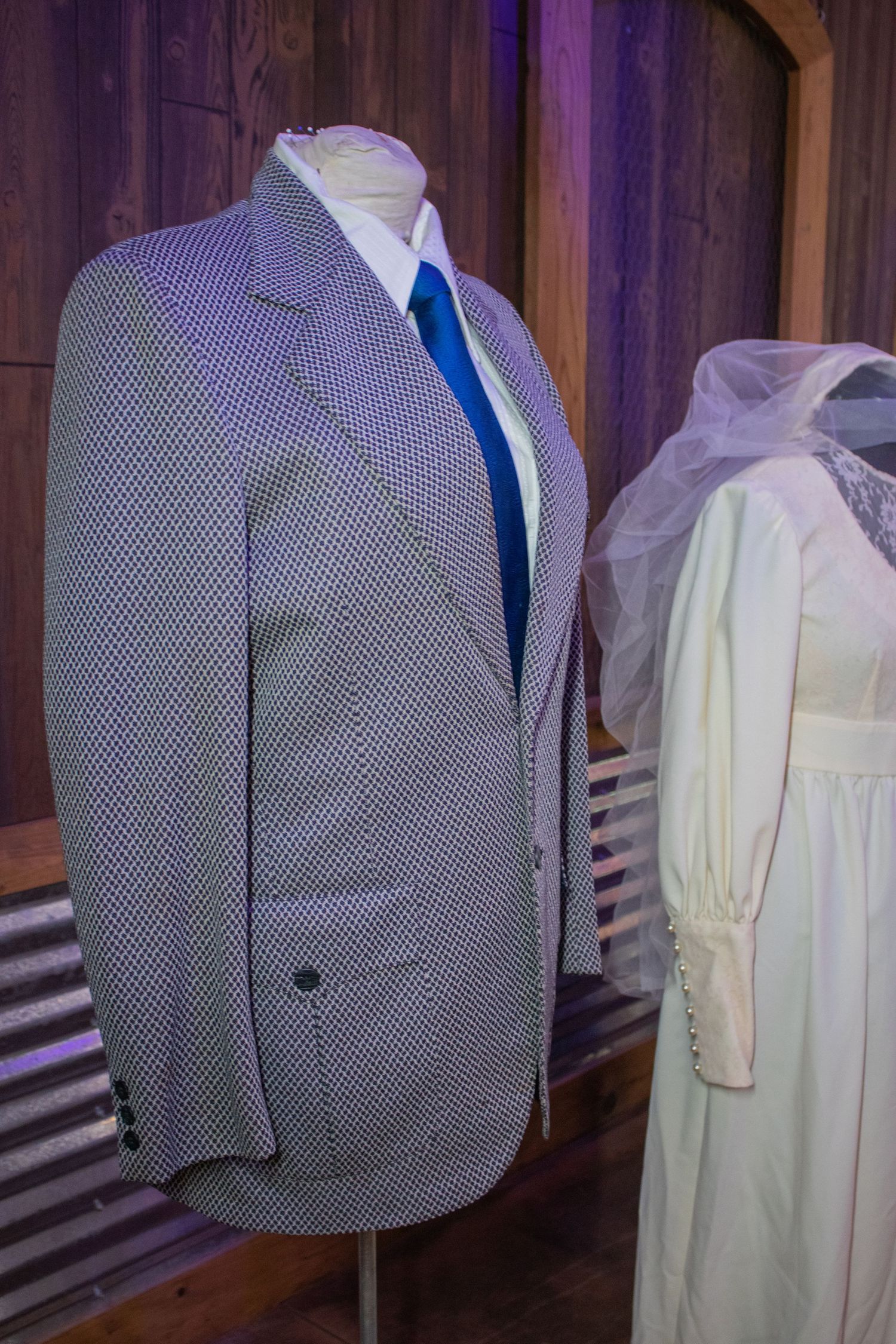 anniversary party bride and groom dress and suit