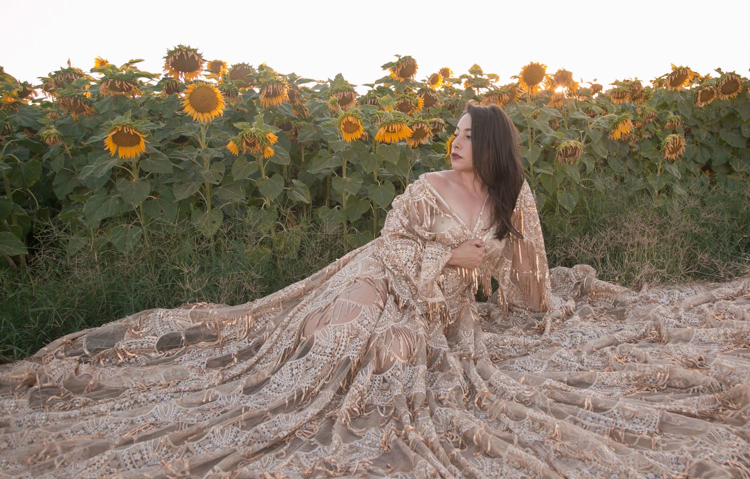 Woman in lace gown seated gracefully in sunflower field during warm golden hour light.