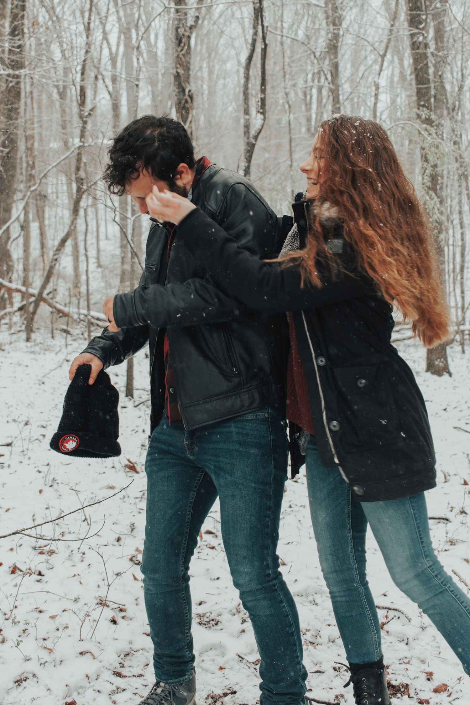 snow fight, couple, couples, lifestyle, snowing, virginia blueridge, woods, winter, wintery, fun