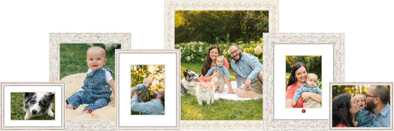 Framed wall art of family pictures