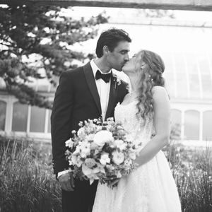 A romantic black and white wedding photo collage showing tender moments between a couple with elegant floral bouquets.