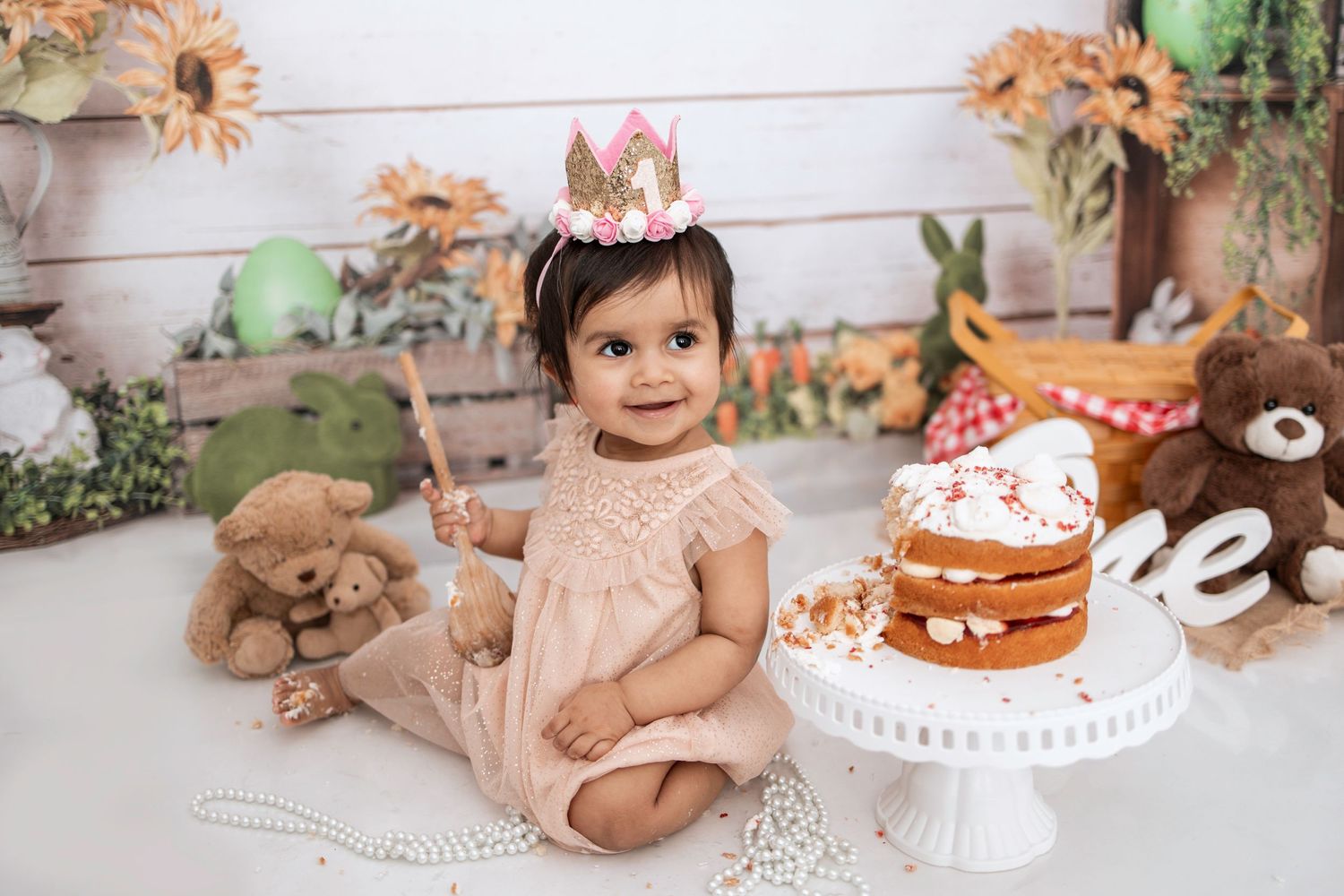 baby girl one 1st birthday cake smash teddy bear picnic photographer Tameside photography