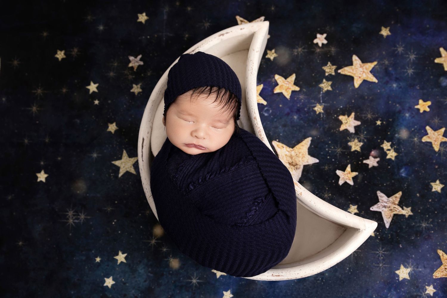 Moon and Stars Newborn Session - Baby Sleeping in Moon Prop - Dawn Talia Photography - Port Chester, NY