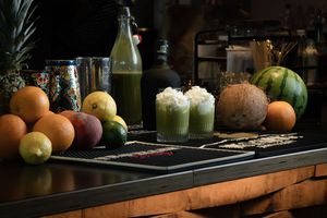 Editorial cocktail photography of Chakra Colada cocktails with fresh fruit and ingredients at Radio Bar during Spokane Cocktail Week 2026