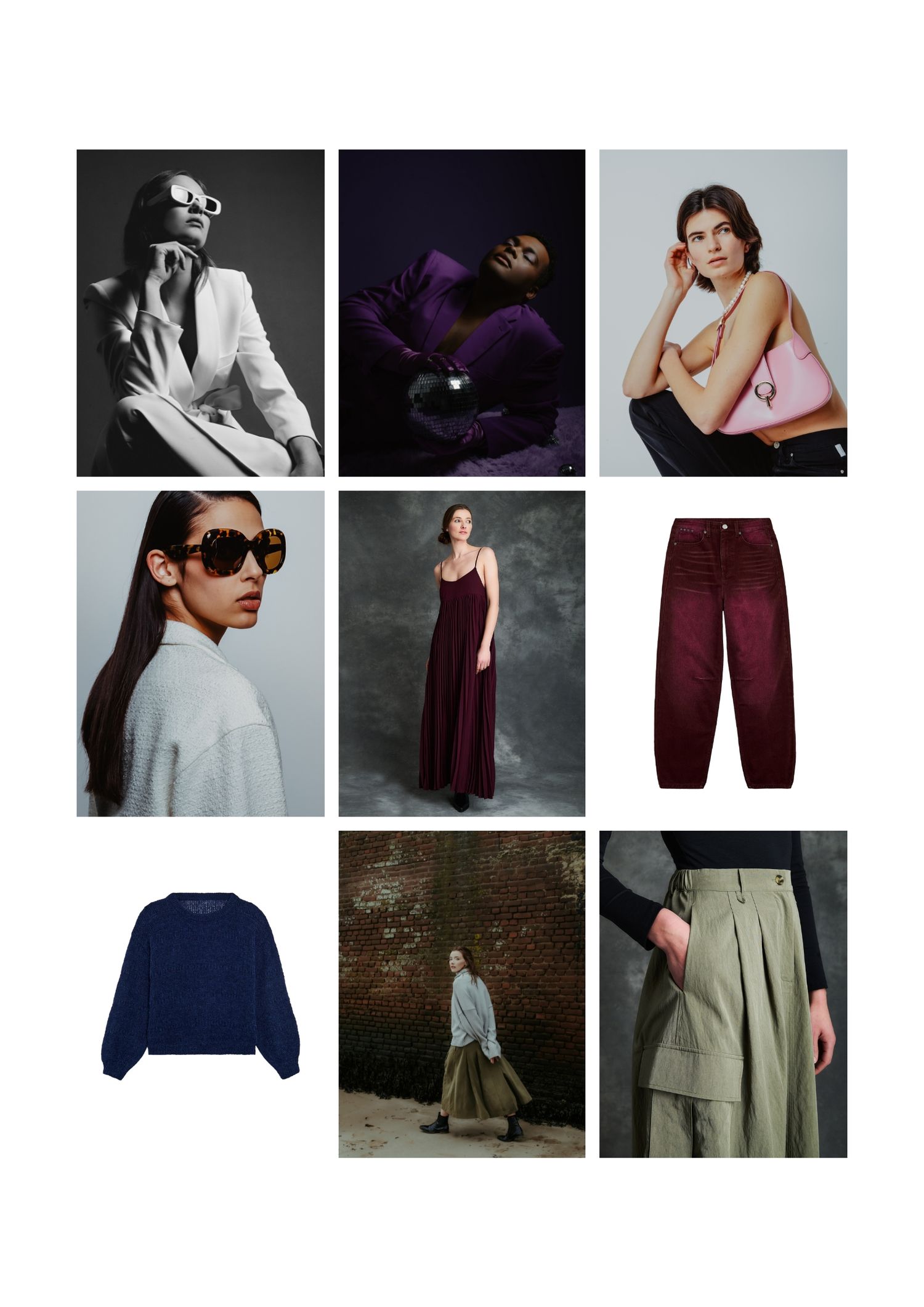 A fashion mood board featuring loungewear, formal attire, sunglasses, and neutral-toned clothing pieces in various styles.