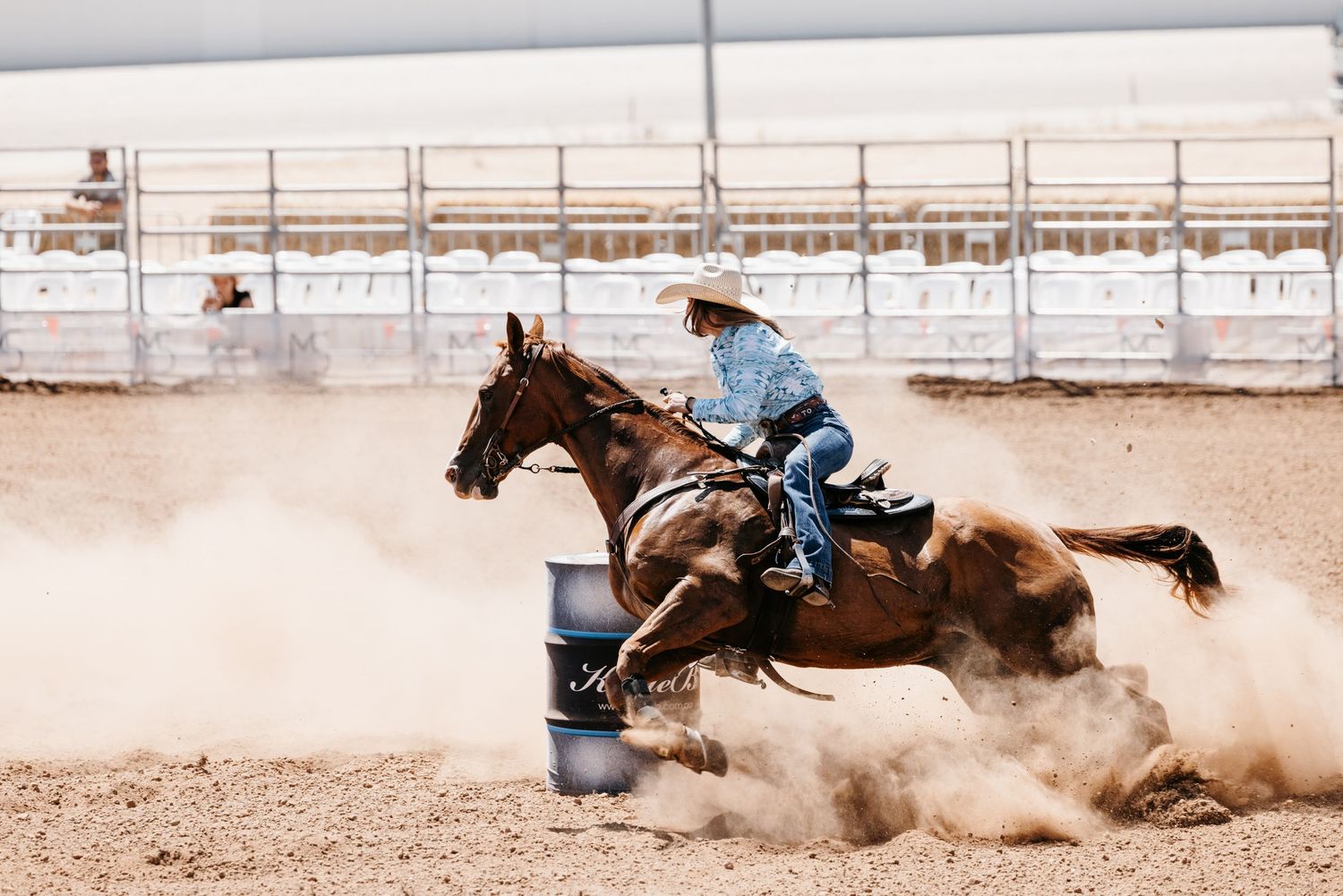 Sequence of rodeo action photos showing a horse and rider competing in barrel racing on a dusty arena course.