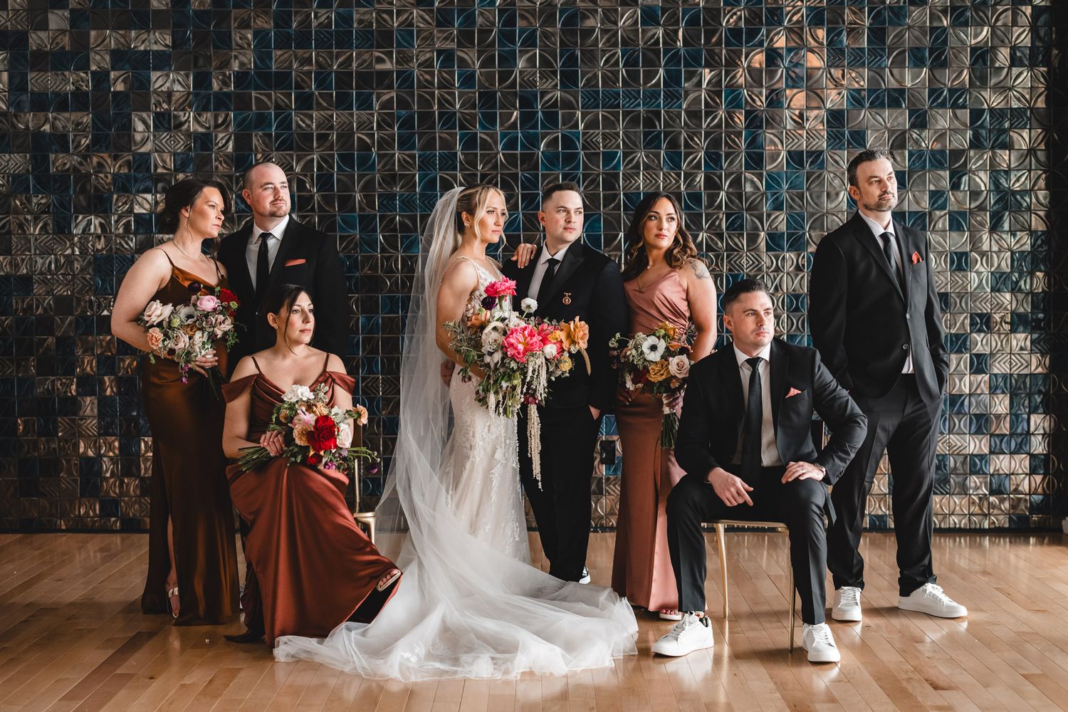Wedding party portrait together new brunswick performing arts center bridesmaids groomsmen elegant vanity fair vogue inspired moody stoic