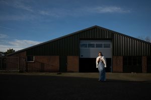 Industrial buildings and barns silhouetted against a dusky blue sky.