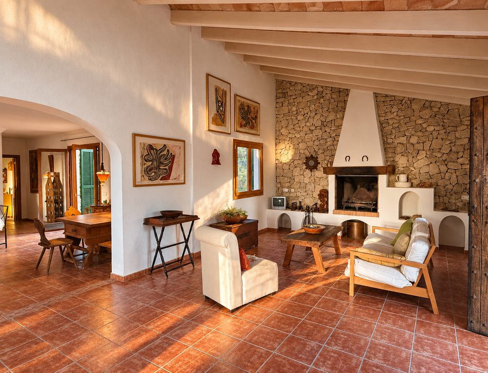 Rustic Mediterranean living room with terracotta tile floors, stone fireplace wall, white sofas, wooden furniture and arched doorway.