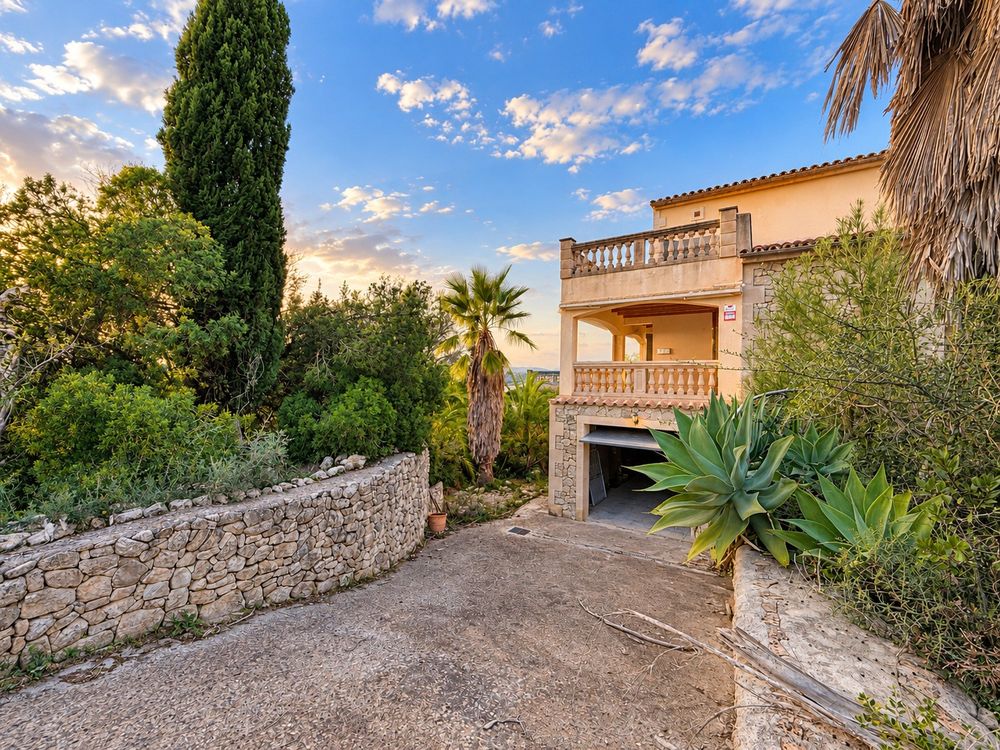 Mediterranean villa with a balcony and garage, surrounded by a stone wall, palm tree, cypress, agave plants and lush greenery at dusk.
