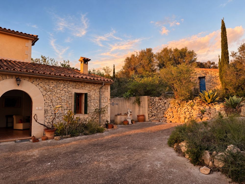 Rustic stone farmhouse with terracotta roof and arched entrance beside a gravel courtyard, cypress tree and stone walls at sunset.