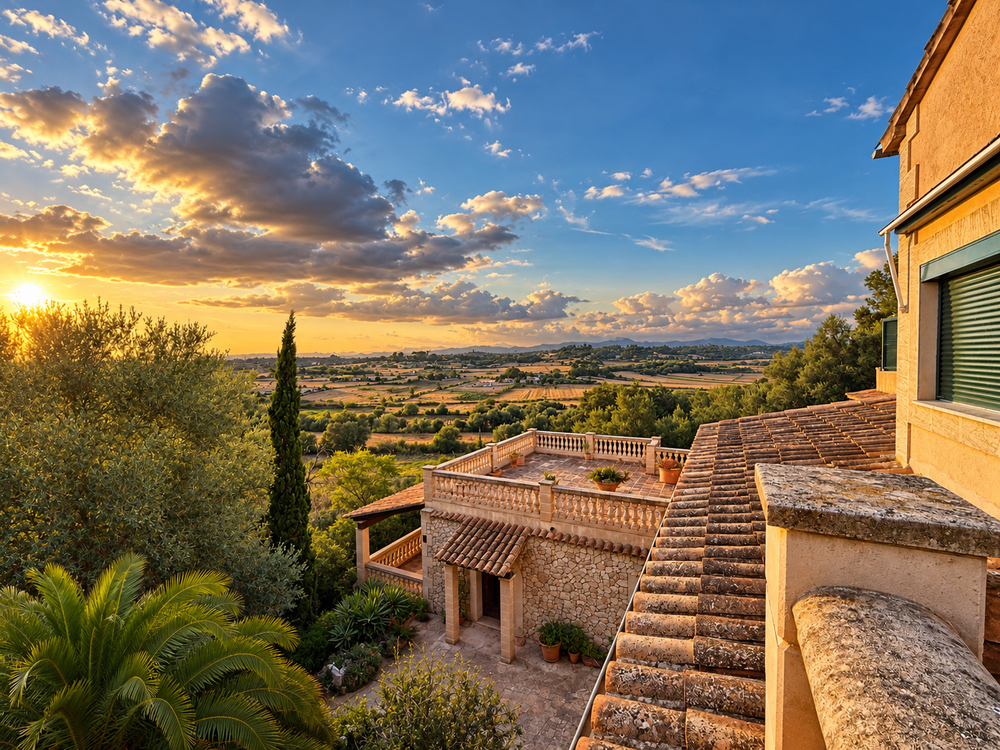 Sunset over a rolling countryside seen from a Mediterranean stone villa terrace with terracotta tiles, cypress trees, and palm leaves.