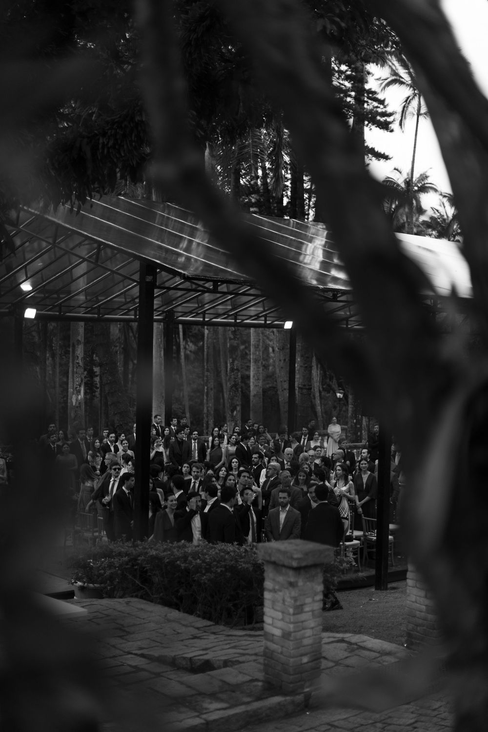 Black and white photo of a crowd of guests gathered under a glass-roofed pavilion among tall trees, framed by branches and a brick pillar.