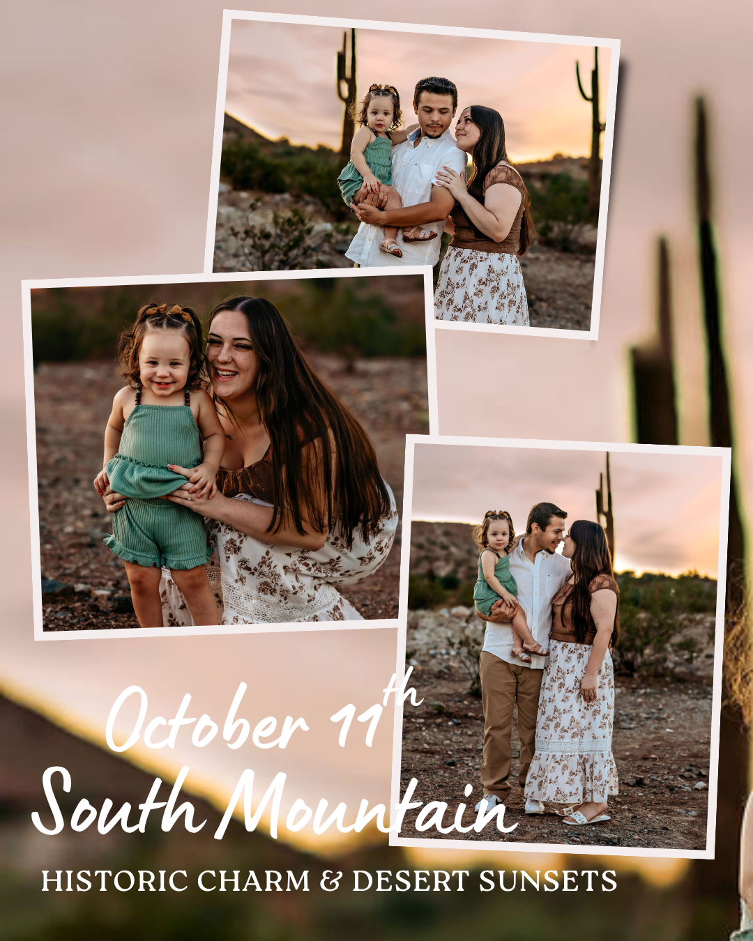 Family photo session at South Mountain desert with saguaro cacti, featuring a couple with their toddler at golden sunset.