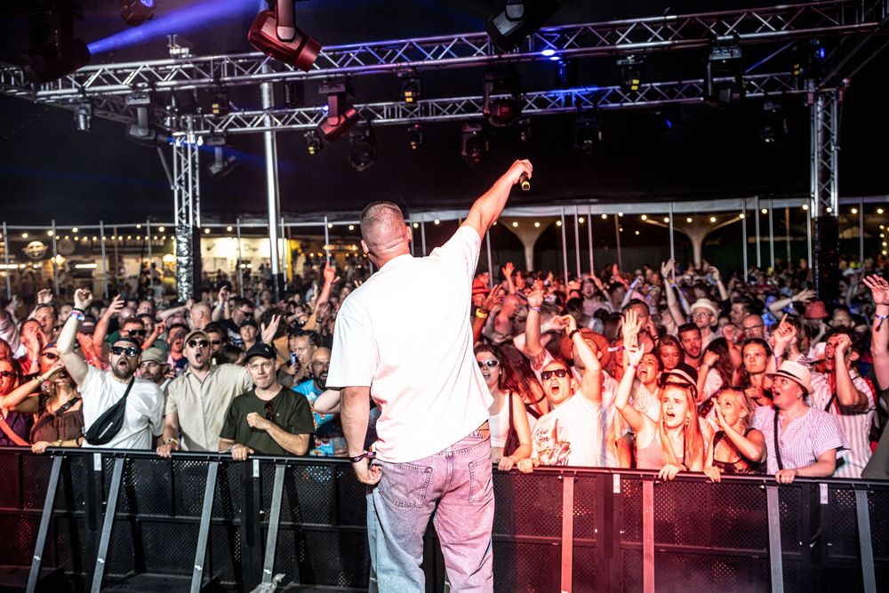 Performer on stage raises fist to energetic crowd at outdoor night concert festival event.