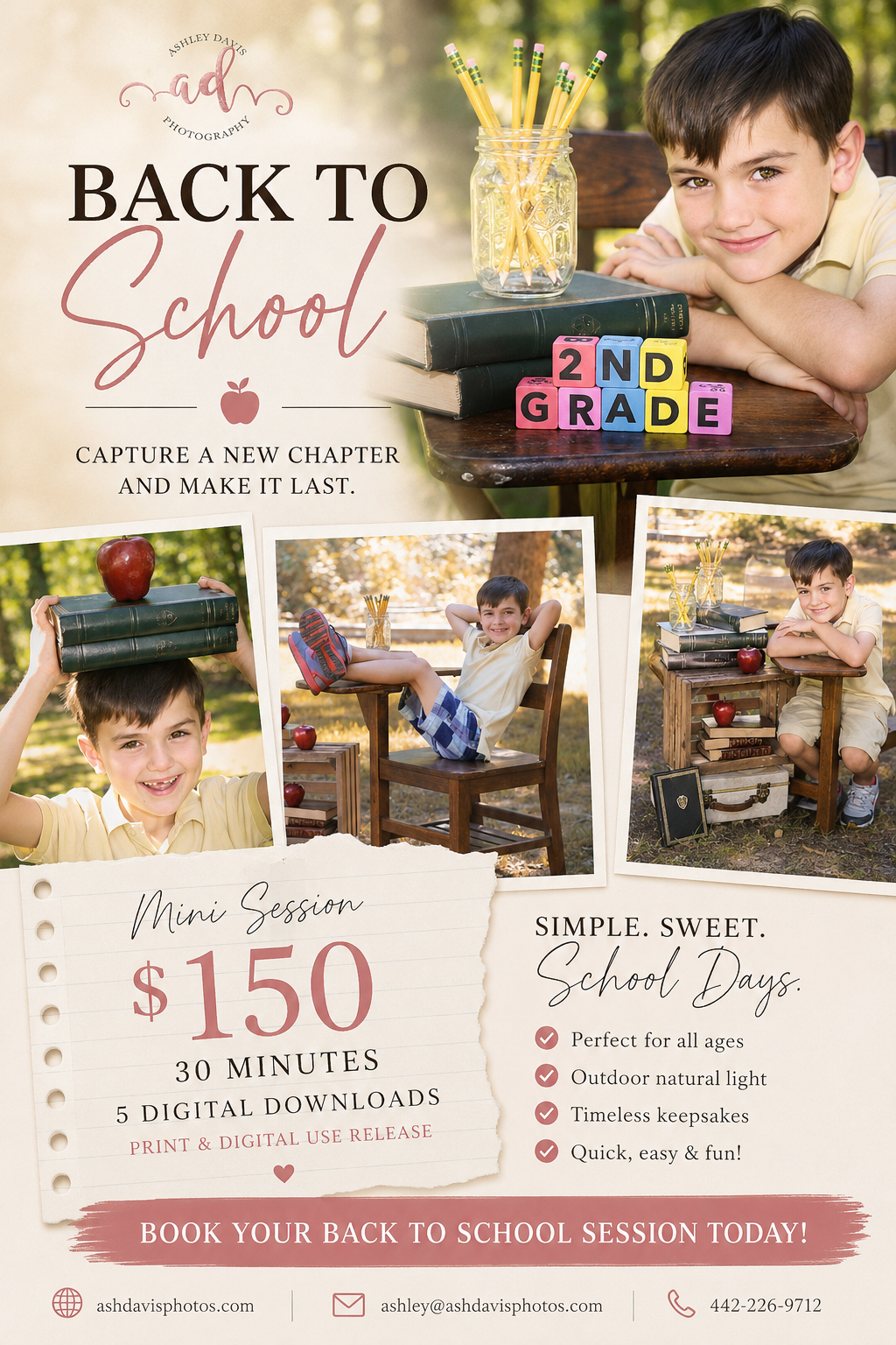Ashley Davis Photography senior photos promotional flyer offering special price of $300, booked by July 31st.