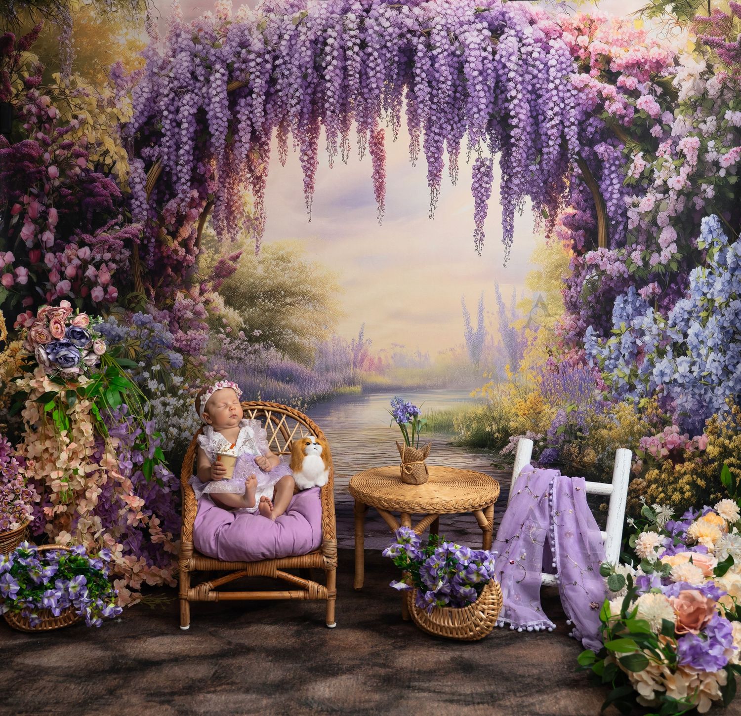 Baby sits in wicker chair surrounded by purple wisteria in an enchanting garden portrait setting. At The Affinity Studio in St. Augustine.
