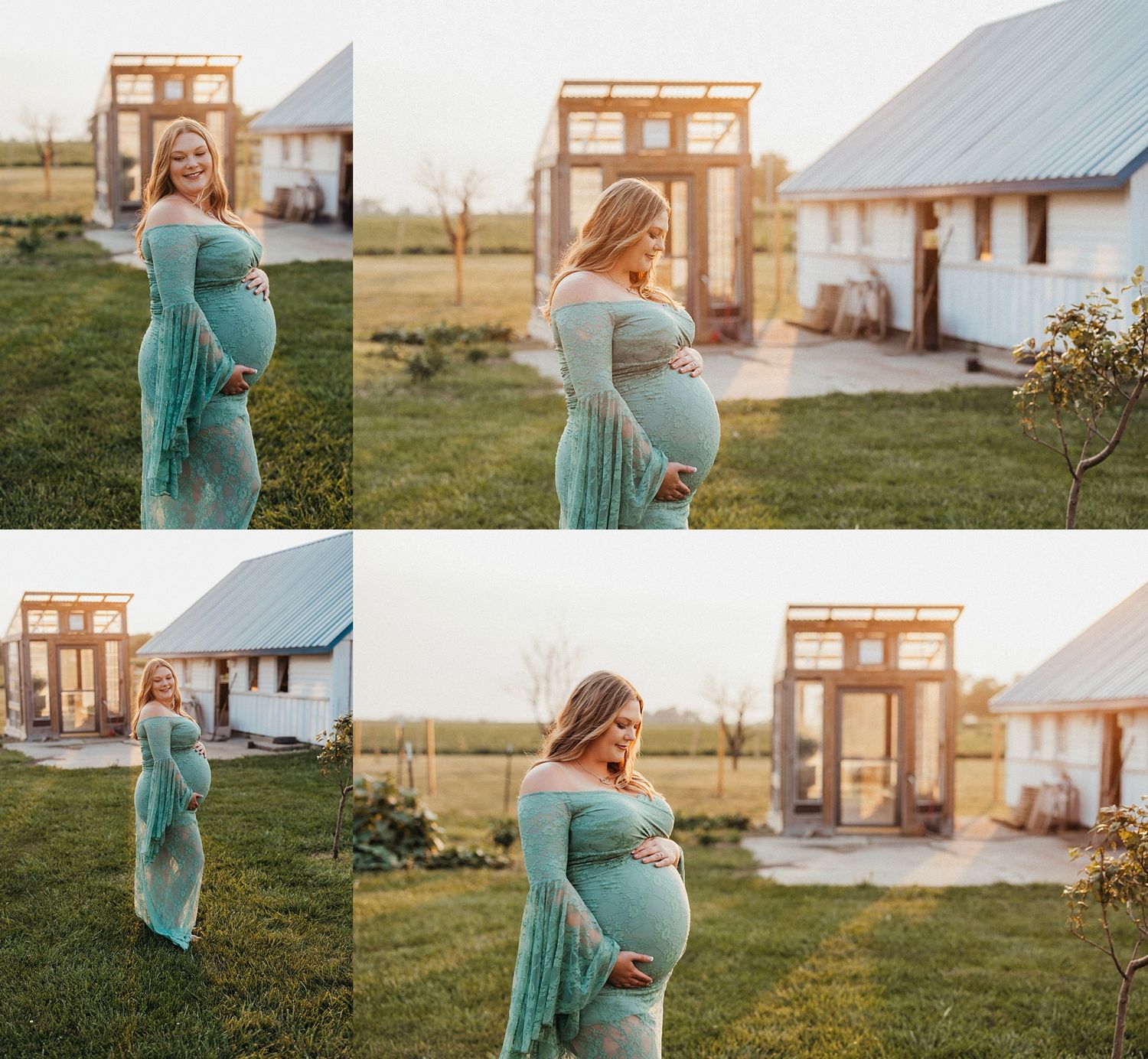 Pregnant woman in teal lace maternity gown poses outdoors near rustic barn during golden hour photography session.