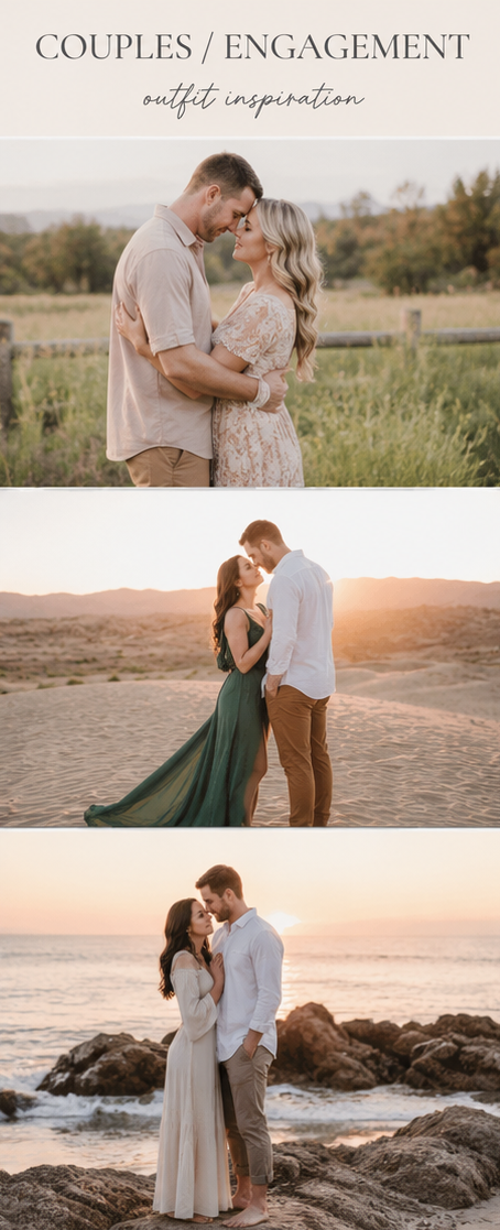 Couples and engagement outfit inspiration featuring three romantic photo shoot looks in natural outdoor settings at golden hour.