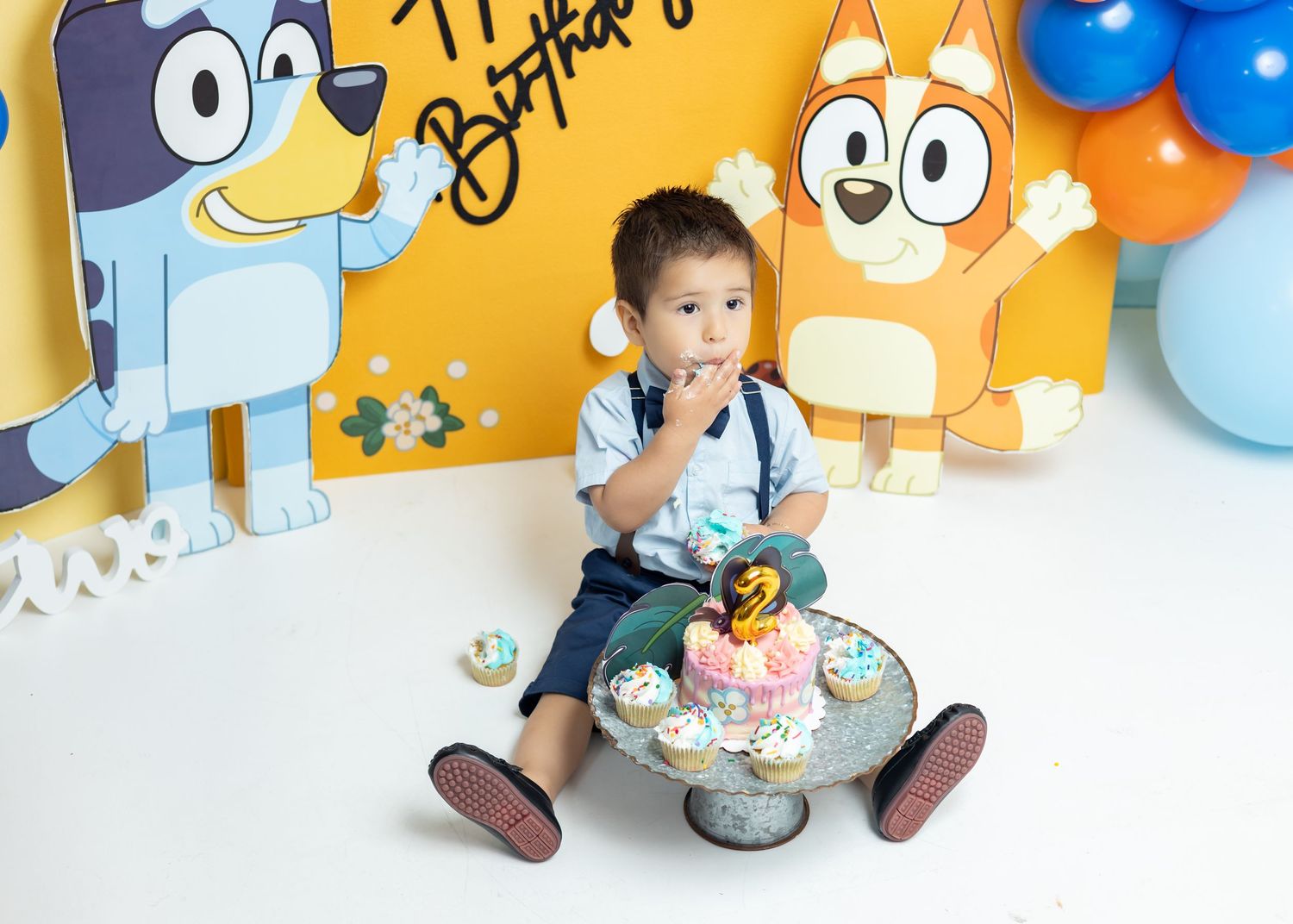 Toddler boy sitting with a birthday cake at a Bluey-themed first birthday party with colorful balloons and character backdrop.