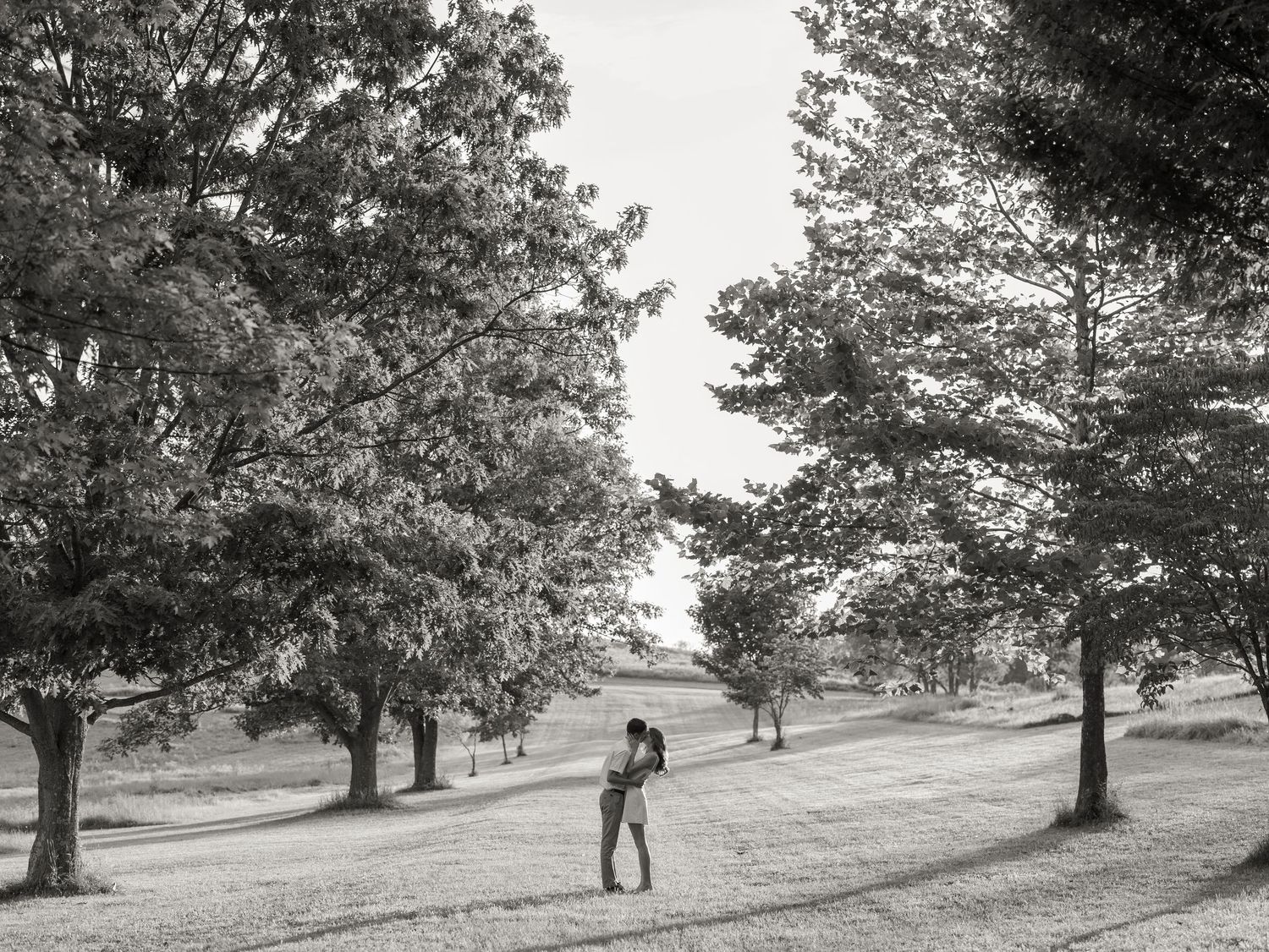 A couple shares a romantic kiss surrounded by tall trees in a serene black and white outdoor landscape.