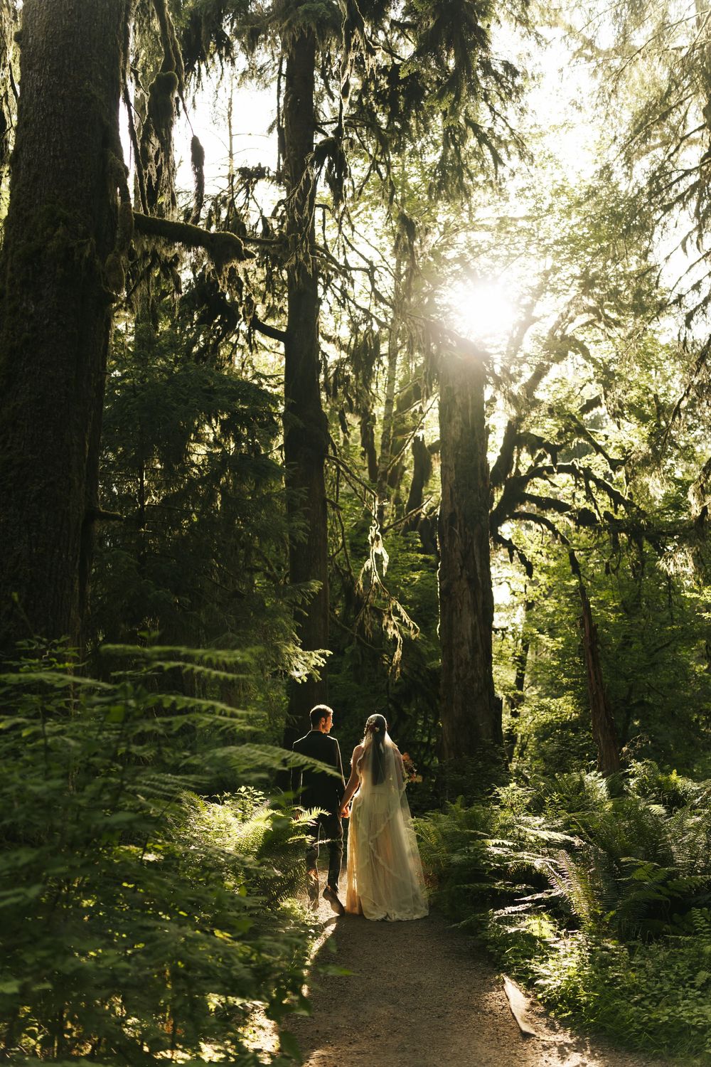 Bride and groom walking hand in hand on a forest trail with sunlight streaming through mossy trees.