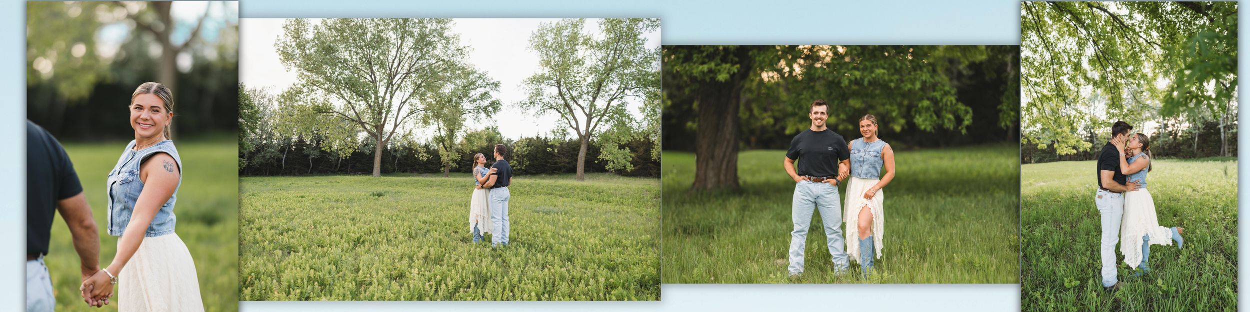 Couples engagement photo session in a lush green field with large trees, showcasing romantic outdoor portrait photography.