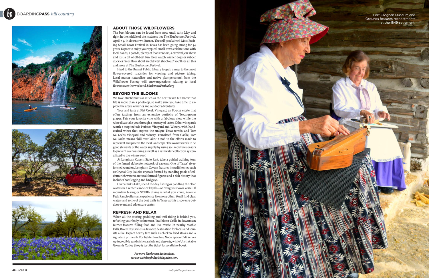 A double page magazine spread with photos of two elderly women playing instruments and Texas outdoor adventures on a lake and campground