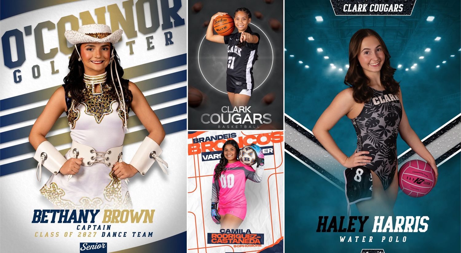 Three sports team promotional posters featuring female athletes Bethany Brown, Camila, and Haley Harris in colorful uniforms.