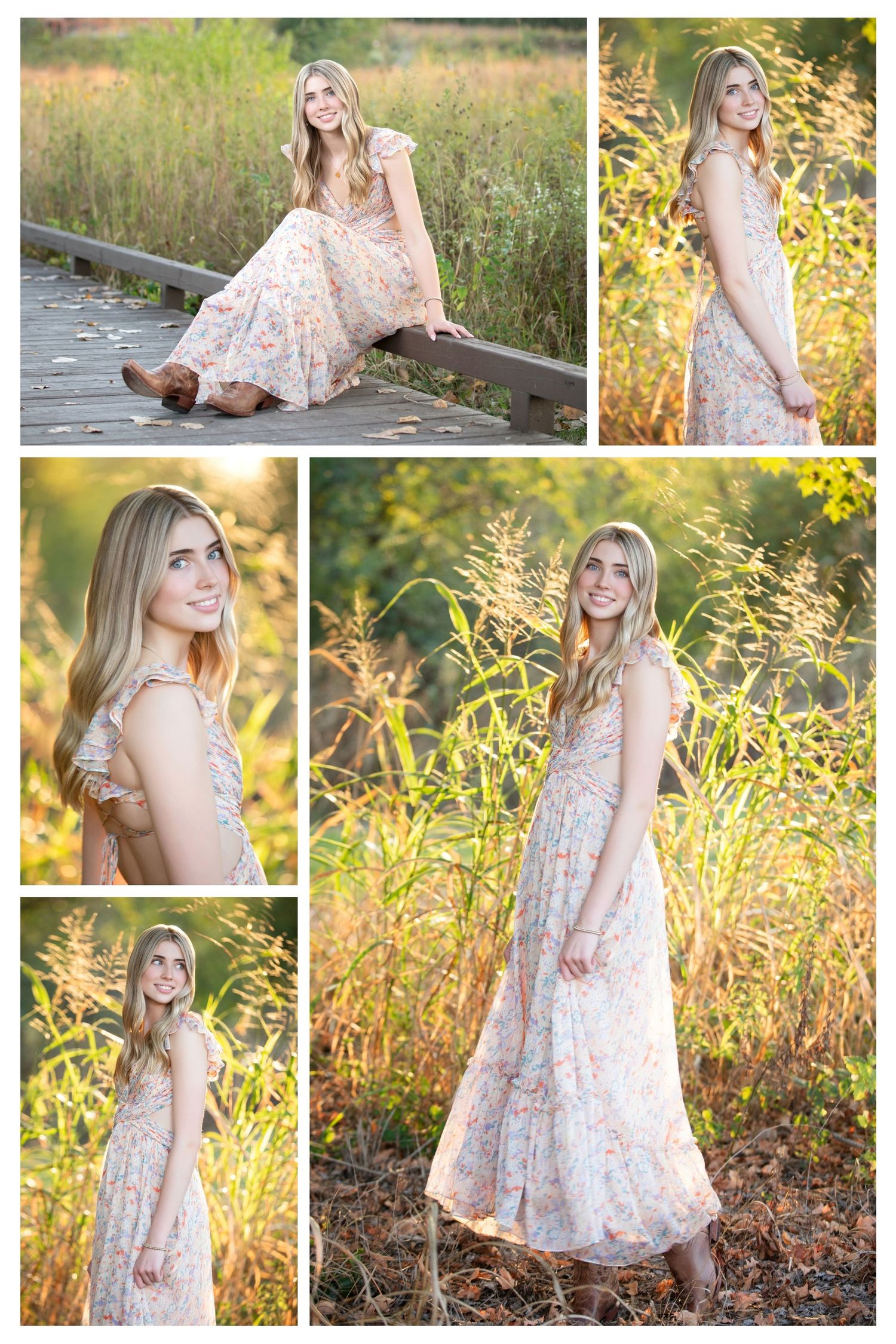 Worthington Kilbourne senior photos at Scioto Audubon featuring a floral dress, boardwalk paths, tall grasses, and golden hour light.