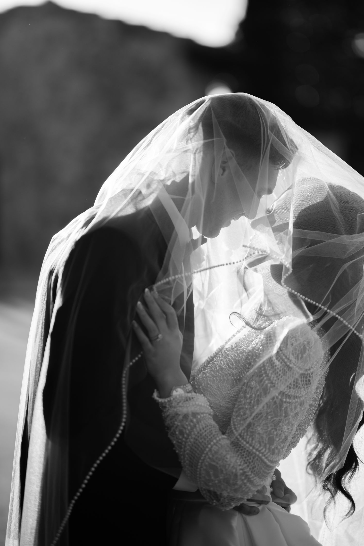 Bride veil detail close up black and white wedding photography Bella Collina Weddings by Ray