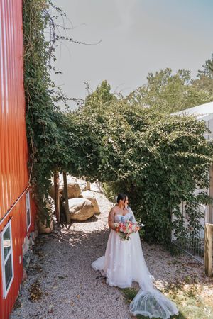 Bride in white gown holding colorful bouquet standing on gravel path beside red barn and ivy wall.