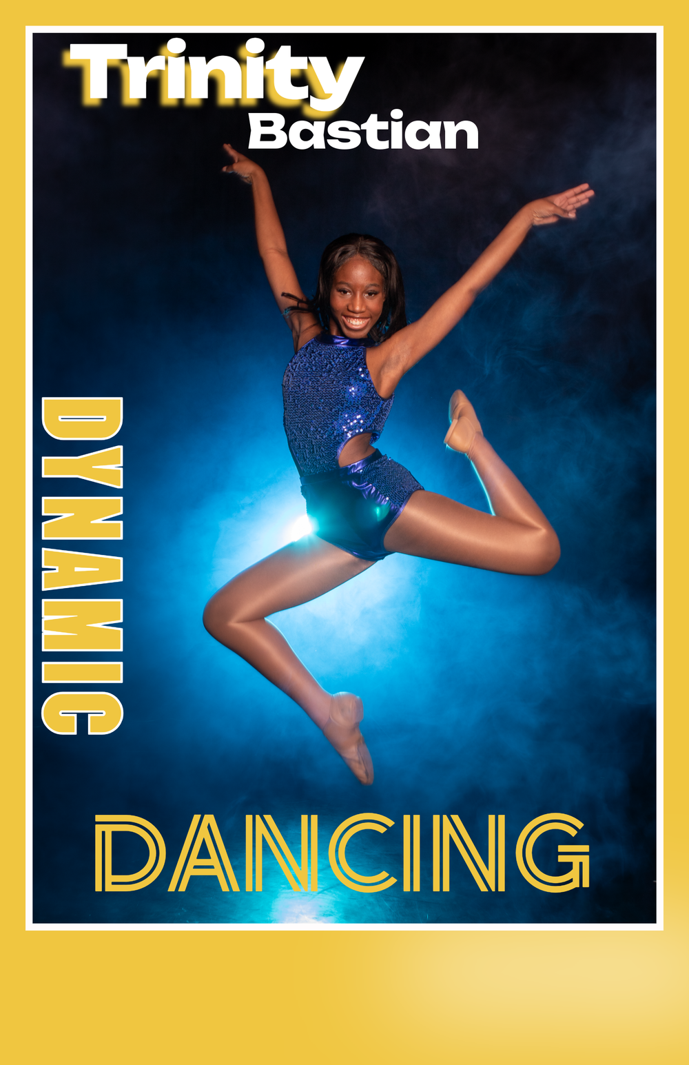 Dancer in blue leotard performs dynamic leap against dramatic blue backdrop with yellow border frame.