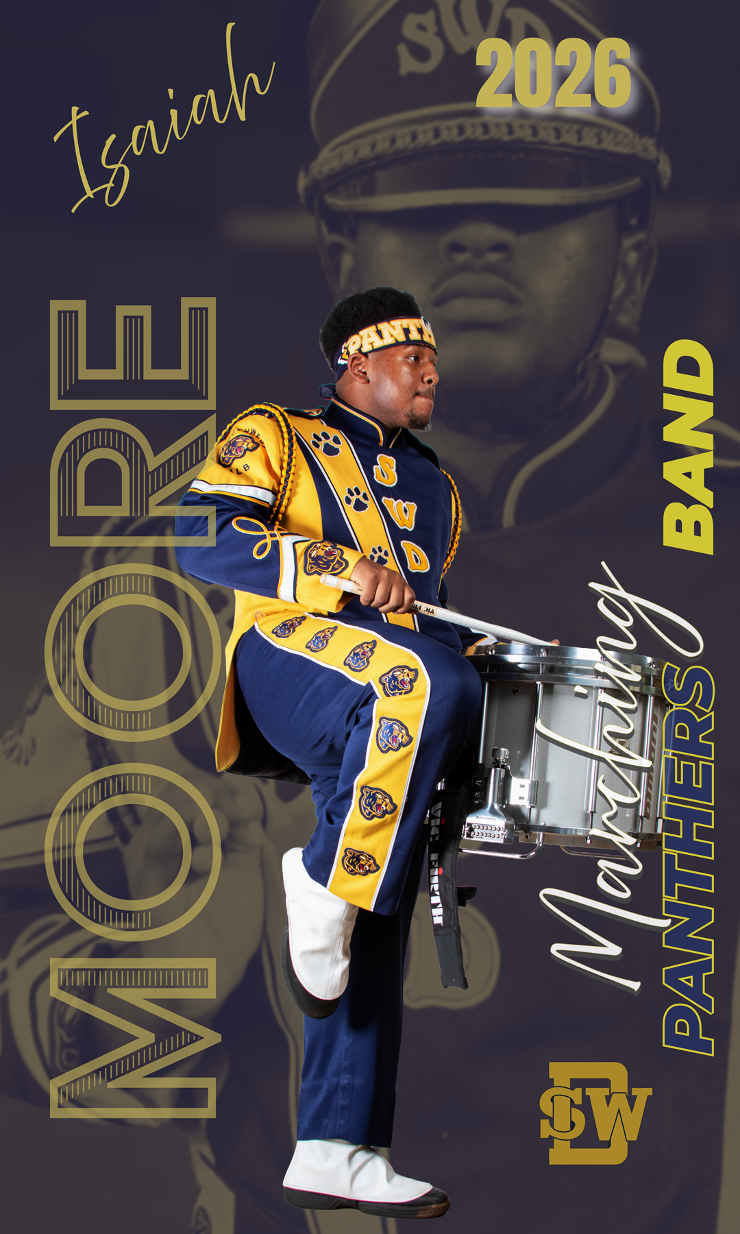 Football player poses in navy and gold uniform against dark background with team graphics and logos.