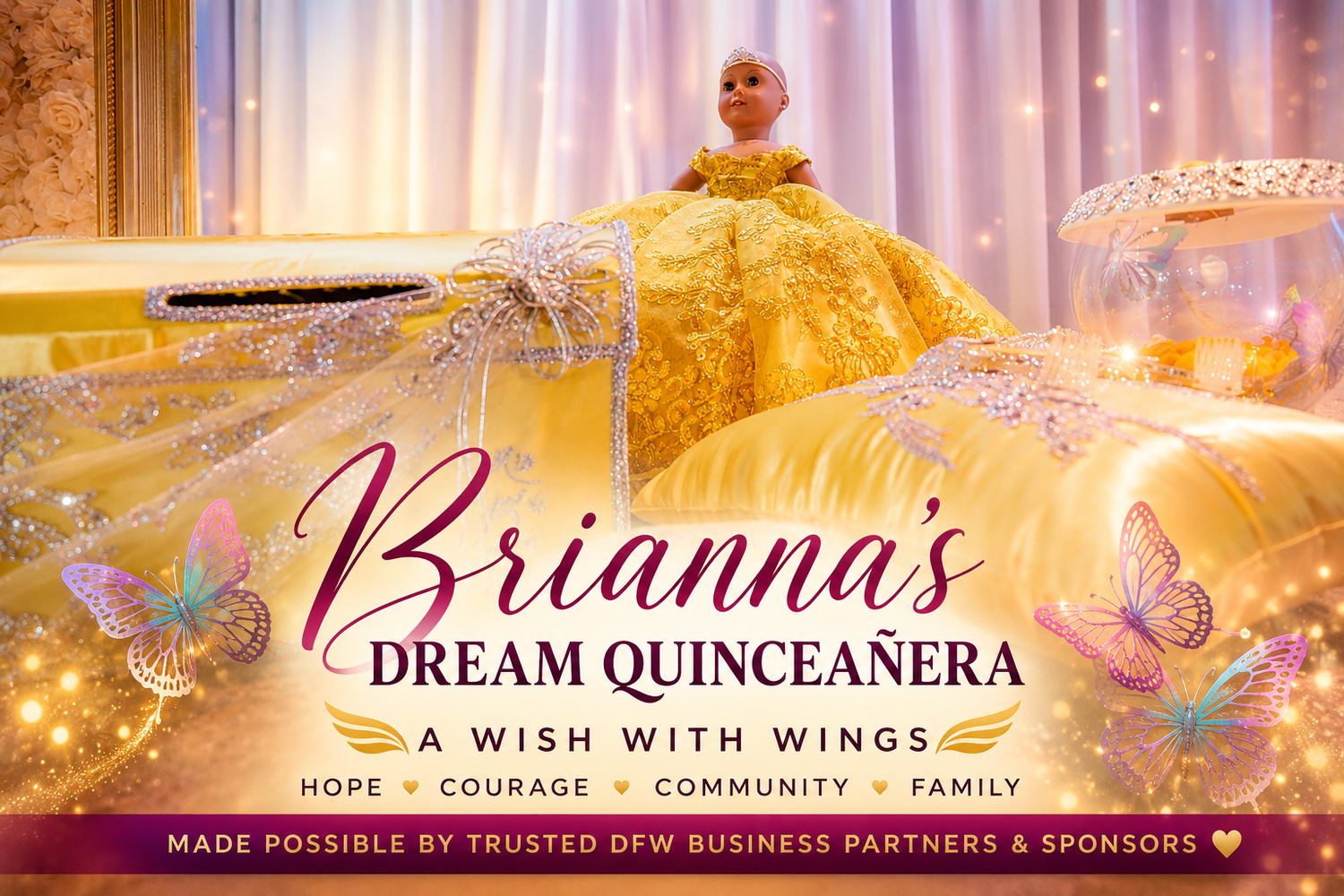 Elegant Quinceañera ballroom details celebrating Briana's Dream Quinceañera with yellow flowers butterflies and timeless décor.