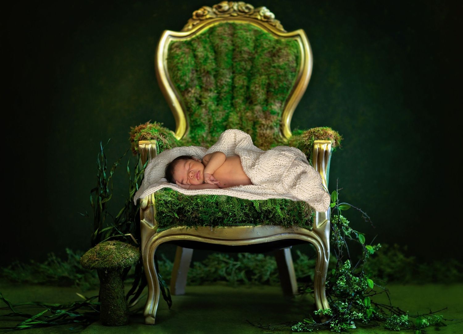 A newborn baby sleeps wrapped in a white blanket on an ornate gold chair covered in green moss, set in a dark enchanted forest scene.