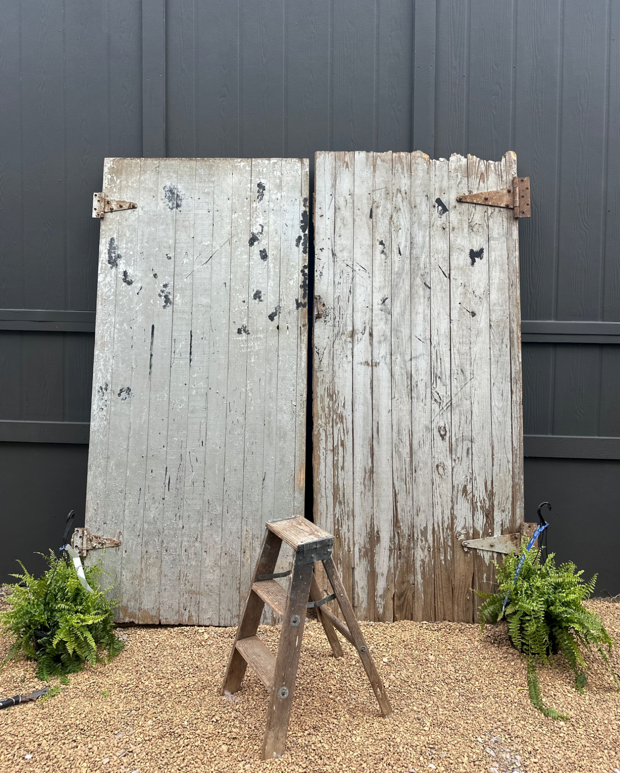 Two rustic weathered white wooden barn doors leaning against a gray wall with a small wooden ladder between them.