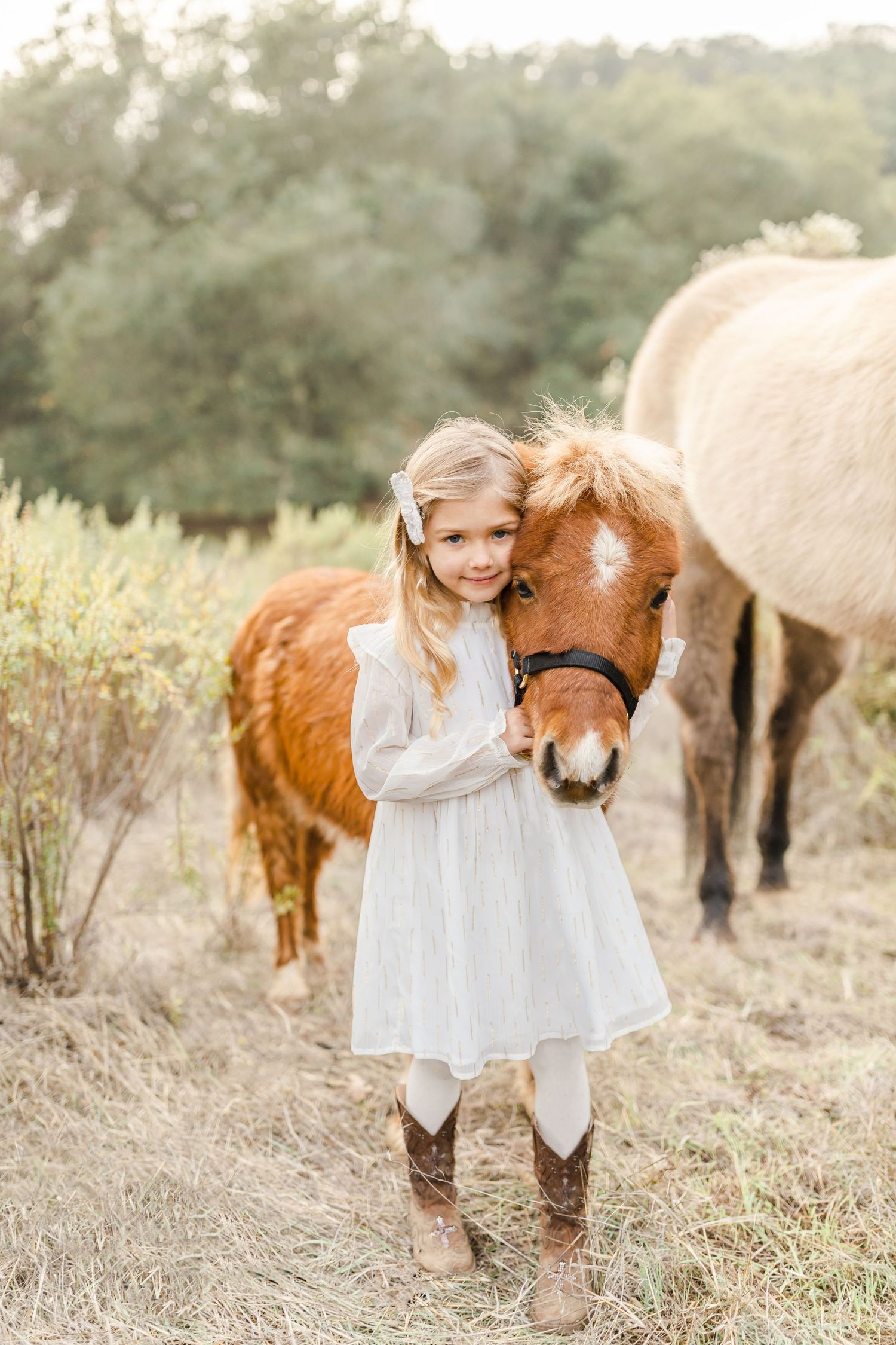 A young blonde girl in a white dress and cowboy boots hugs a small brown pony in a sunny field.