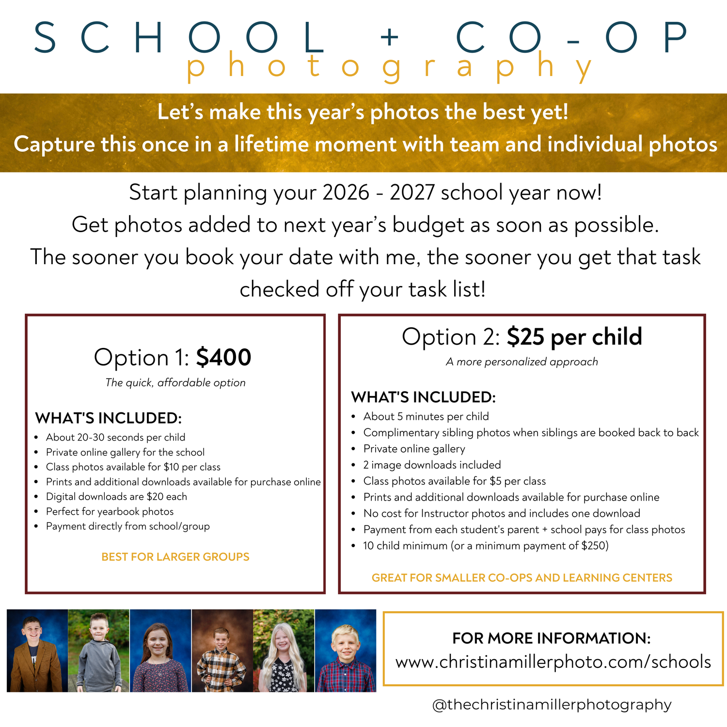 Senior photography sessions promotional flyer featuring grad portraits, QR code booking, 60-minute session with 10 image downloads.