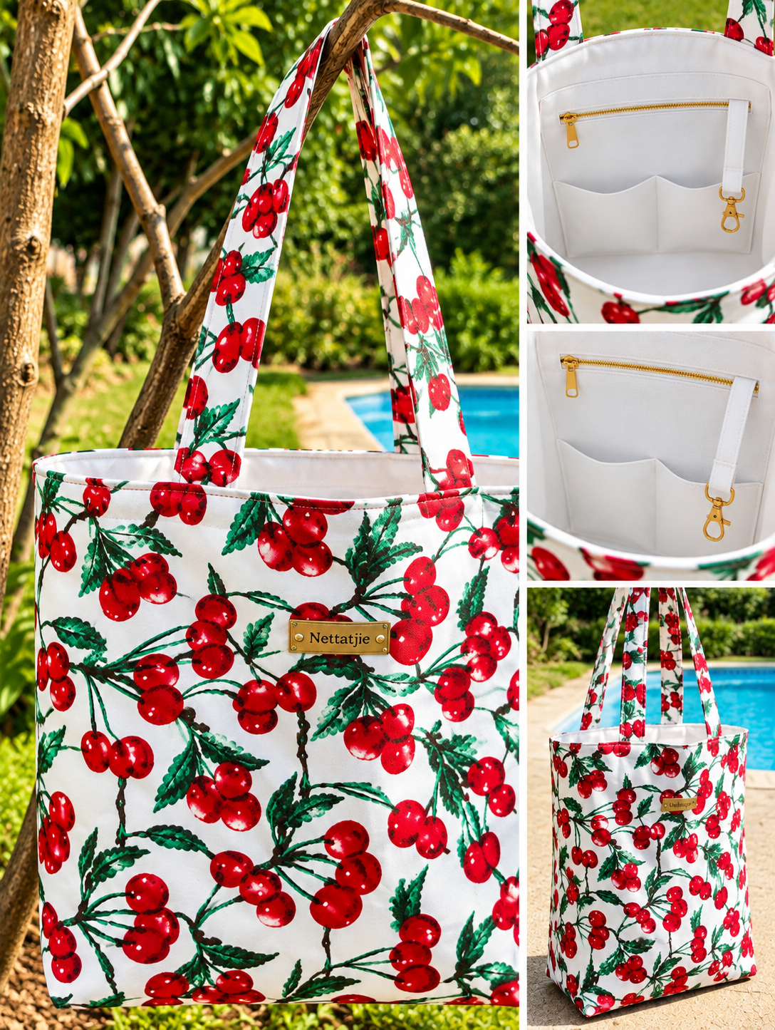 White tote bag with red cherry print pattern, featuring gold hardware, interior pockets, and zip closure, shown in multiple views.