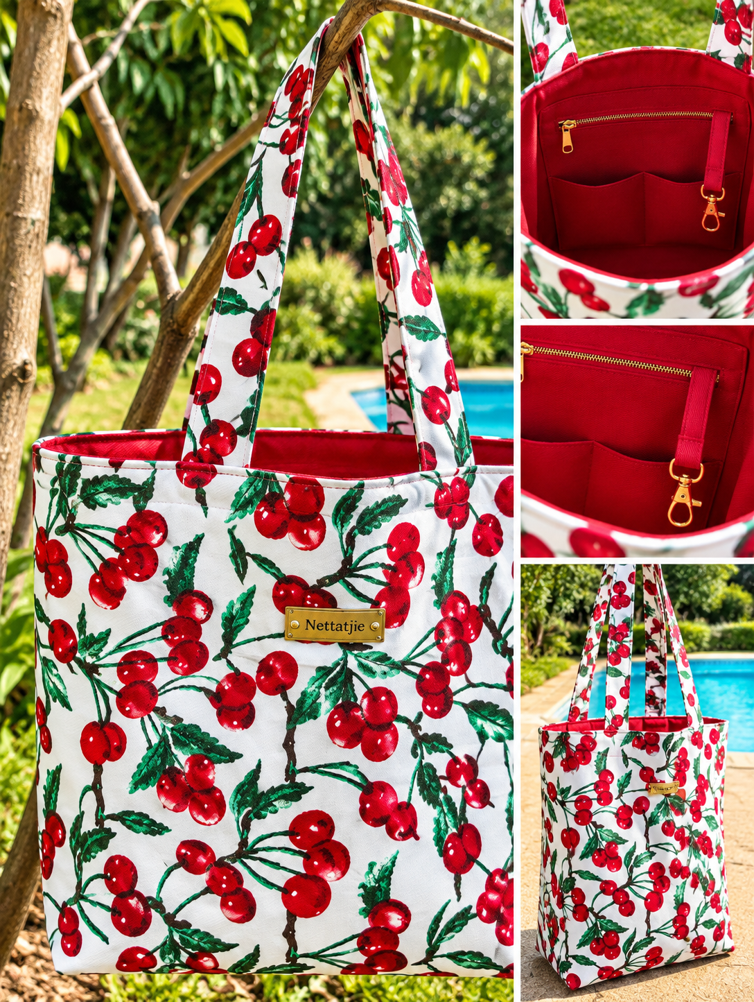 A white tote bag with red cherry print and red interior organizer pockets, shown hanging outdoors and in detail views.