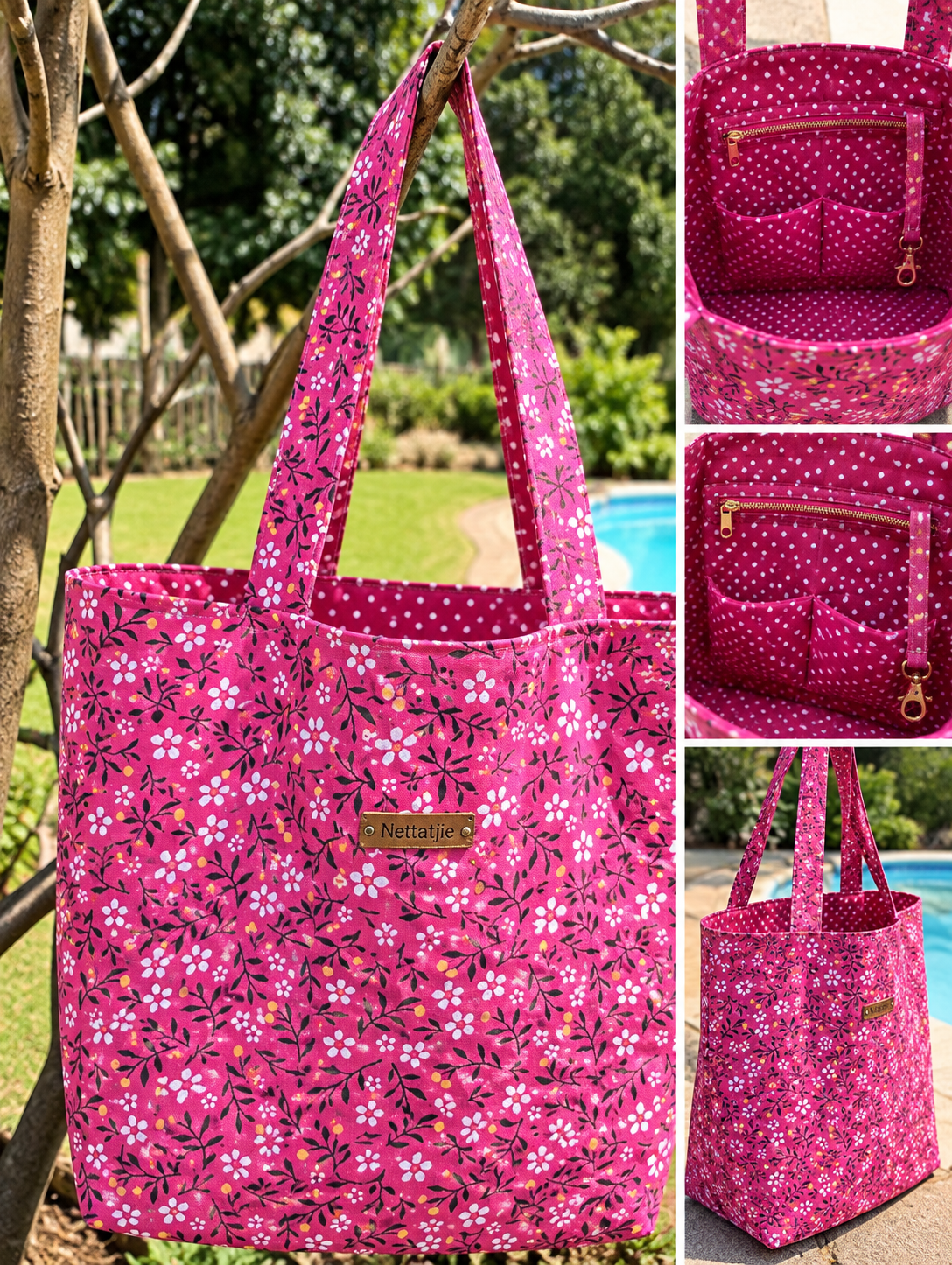 Bright pink floral quilted tote bag with white daisy print, polka dot lining, interior pockets, and gold zipper pocket.