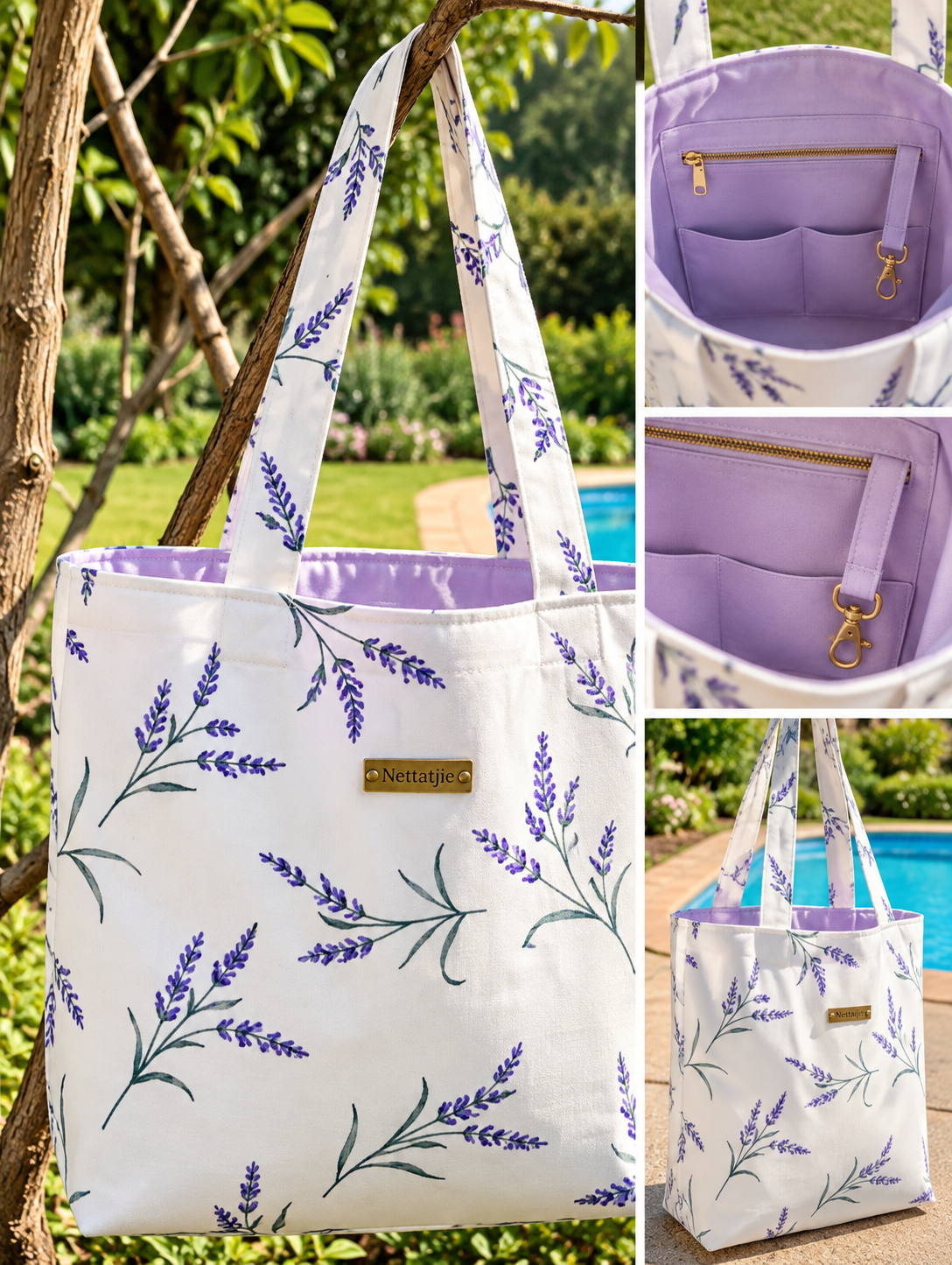 White tote bag with purple lavender floral print, lavender interior pockets, and gold zipper detail shown in garden setting.