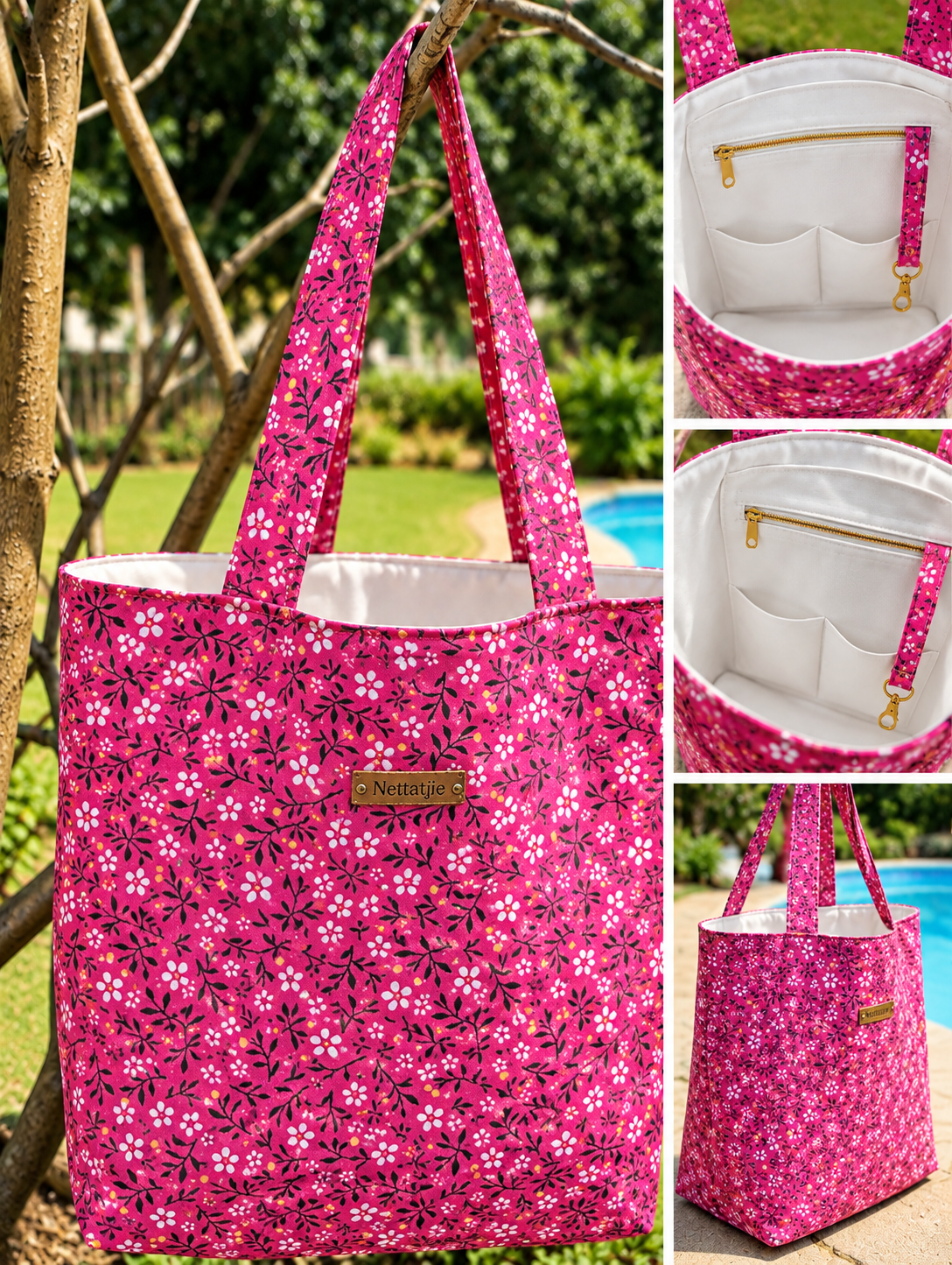 Pink floral tote bag with white interior pockets and gold zipper, shown hanging on a tree branch outdoors.