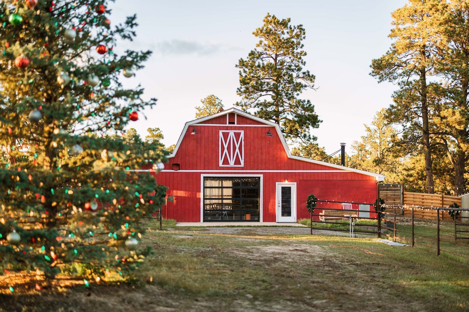 A bright red barn with white trim stands amid tall pine trees, decorated with a Christmas tree in the foreground.