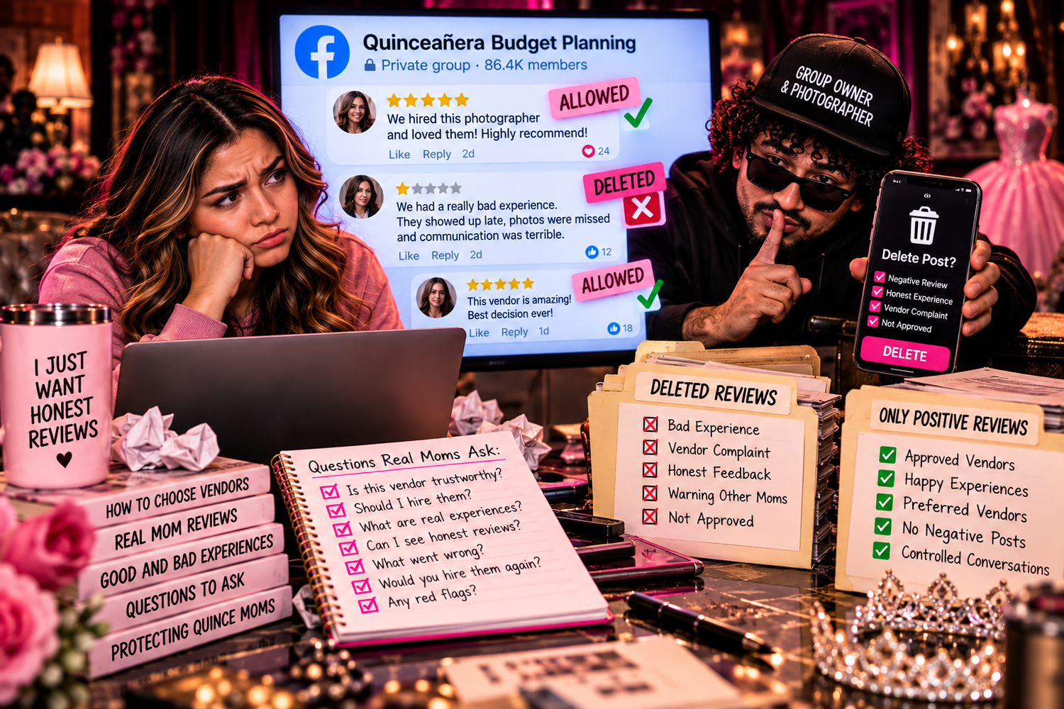 Dfw quince mom overwhelmed by Facebook vendor advertisements, paid placements and endless offers while trying to save money on HER QUINCE