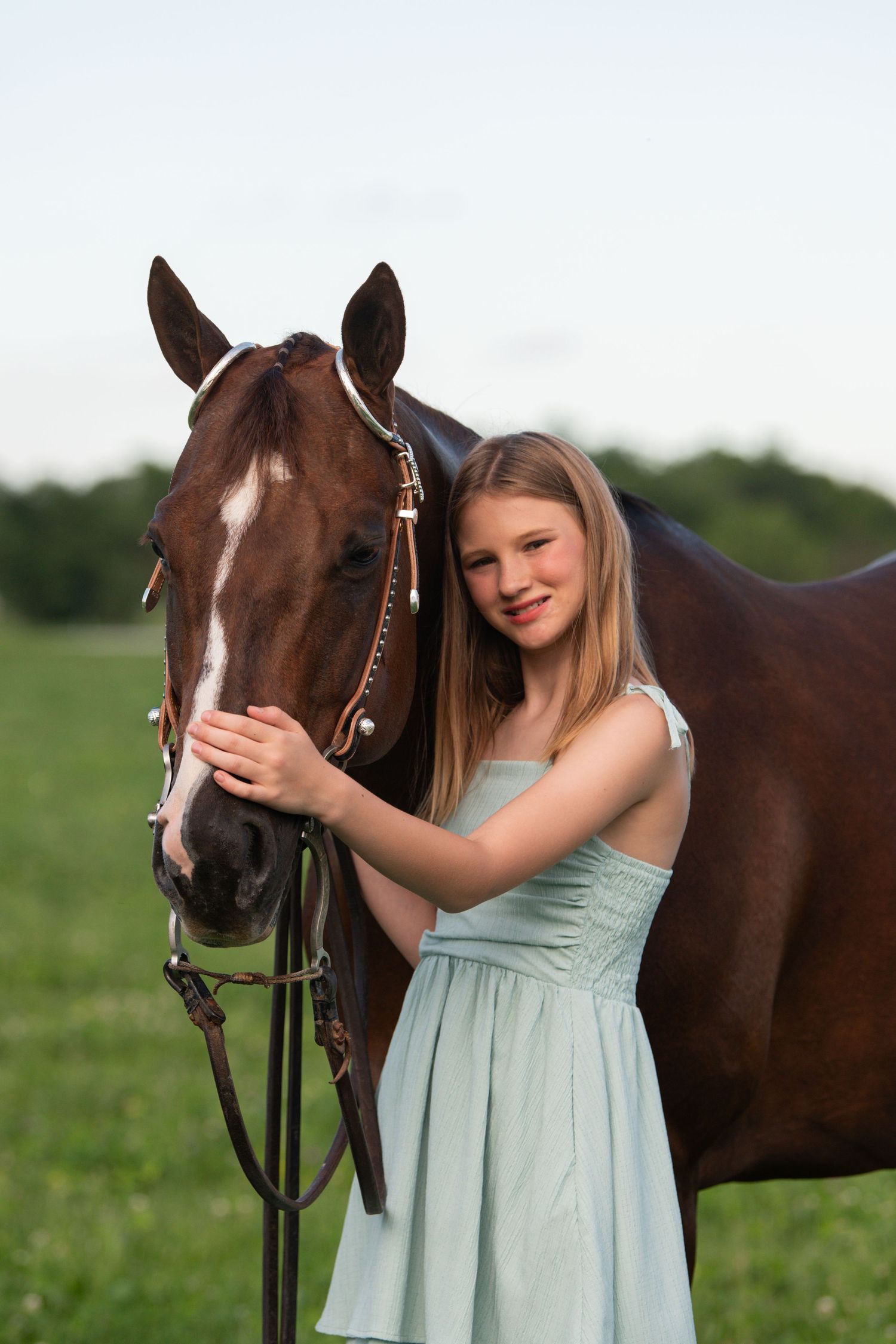 Young girl in light blue dress smiling while hugging a chestnut horse with a white blaze in a green field.