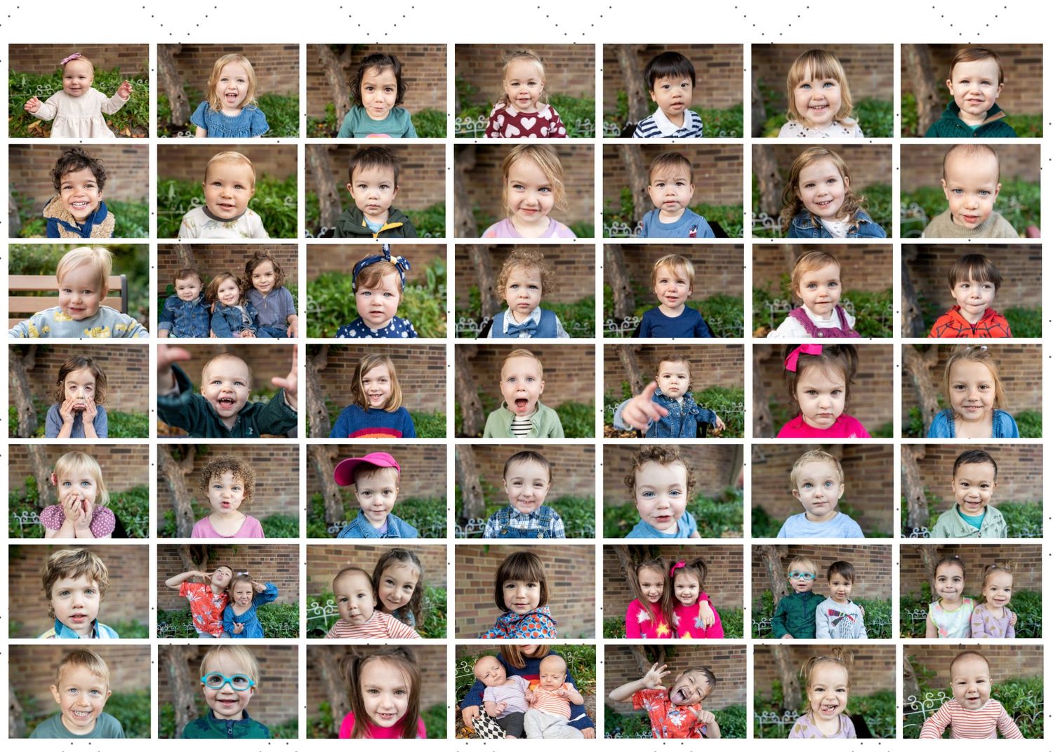 A photo collage grid showing multiple candid portraits of children in casual settings with various expressions and poses.